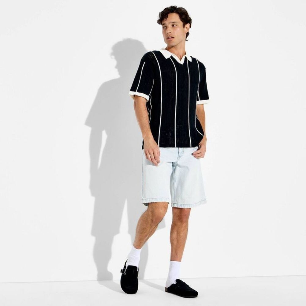 Men's Short Sleeve Striped Johnny Collar Sweater Polo - Original Use Black L